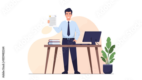 Professional Businessman Standing at Desk with Documents and Computer in Modern Office Environment