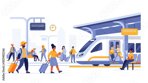 Modern urban train station bustling with diverse travelers and sleek