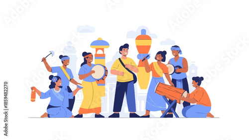 Vibrant cultural festival with diverse musicians and performers lively outdoor