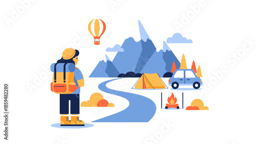 Adventurous mountain camping scene with a hiker exploring nature and a hot air