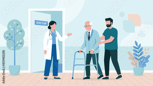 Doctor welcoming elderly patient with walker and caregiver at clinic
