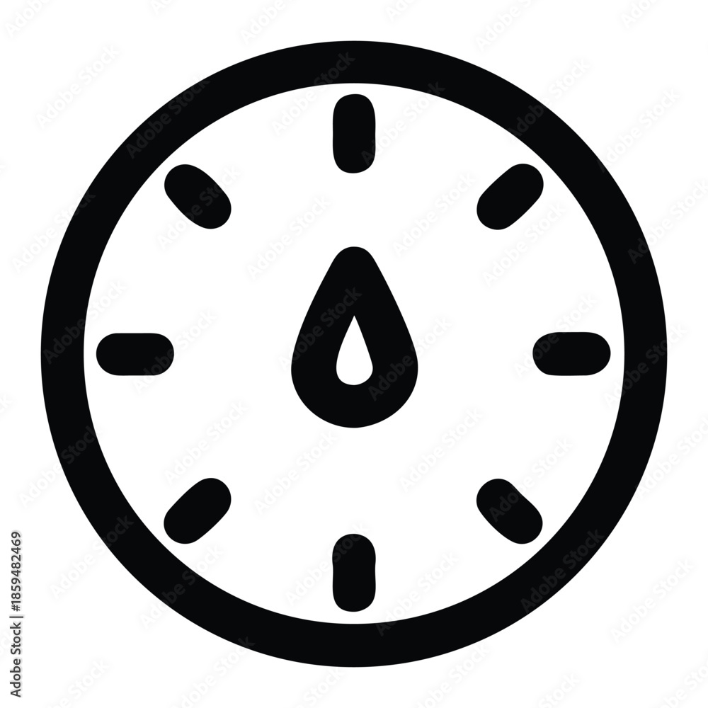Fototapeta premium A simple black and white circular icon depicting a clock face with a droplet inside