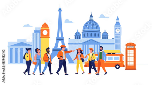 Vibrant Group of Tourists Exploring Iconic European Landmarks in City Landscape