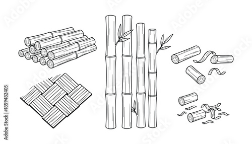 Black and white bamboo poles logs and weaving illustration on transparent background