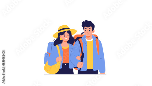 Youthful couple embarking on an outdoor adventure with backpacks and hats for