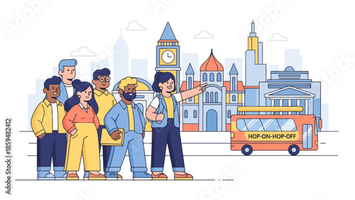 Group of diverse tourists waiting at city bus stop with iconic skyline and