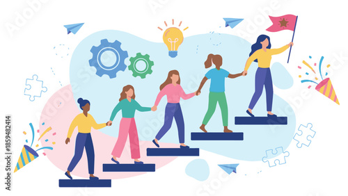 Diverse women climbing stairs together, demonstrating teamwork and leadership for success