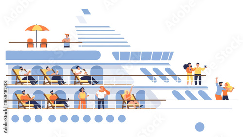 luxurious cruise ship with passengers enjoying outdoor decks and views