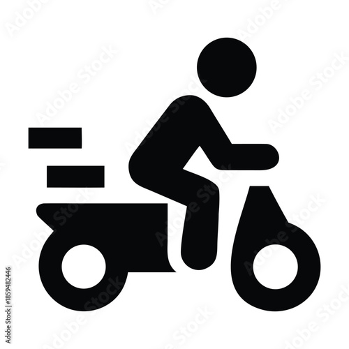 A simple black and white icon depicting a person riding a scooter or moped vehicle