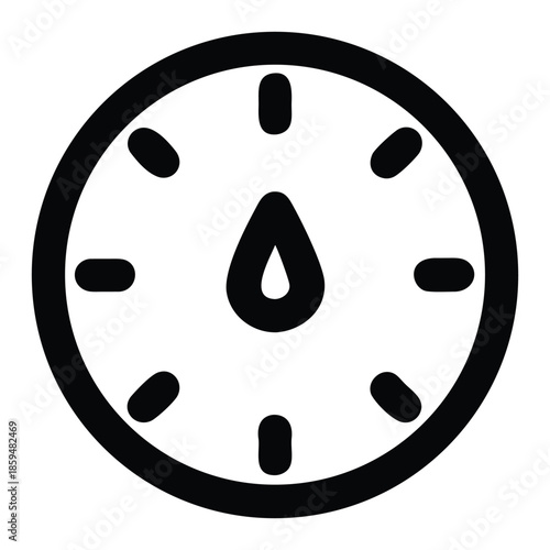 A simple black and white circular icon depicting a clock face with a droplet inside