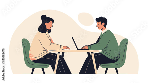 professional interview or counseling session with two people engaging via laptop in a modern