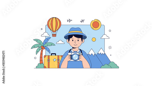 Young traveler with camera exploring scenic mountains and travel essentials