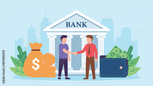 Business agreement and financial transaction in front of a bank