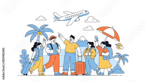 Adventurous group of travelers exploring scenic destinations with airplane and