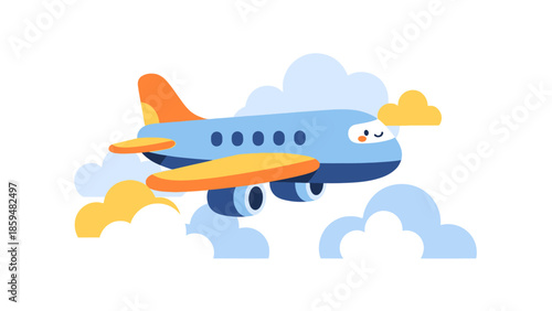Cute cartoon airplane flying high among fluffy clouds in bright sky