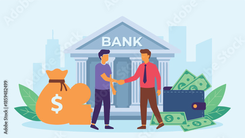 Financial agreement at bank, two businessmen shaking hands with money symbols