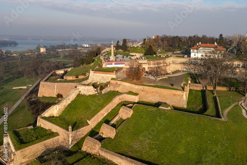 Belgrade, Serbia - December 20, 2025: Kalemegdan fortress with monument Victory photographed from a drone