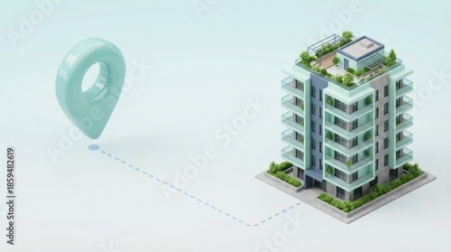 Modern 3D apartment building with location pin and dashed route line