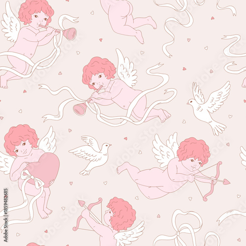 Soft Pink Romantic Vintage Coquette Cupid and White Dove Flying in the Sky Seamless Pattern, Girlish Retro Valentine Day Background for Textile and Wrapping Paper