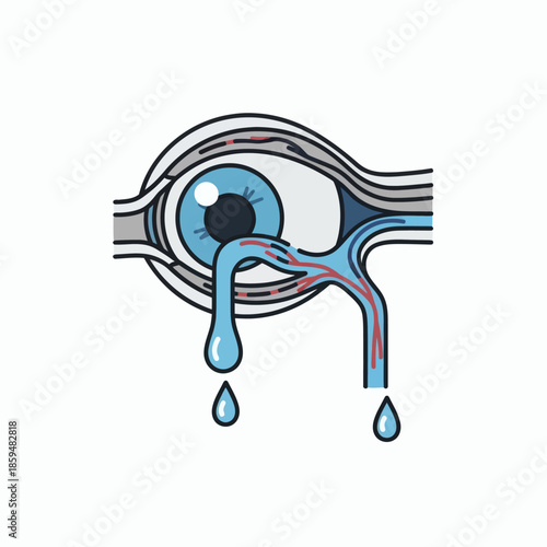 Illustration of a human eye with tears flowing, showing blood vessels and optic nerve with fluid drainage