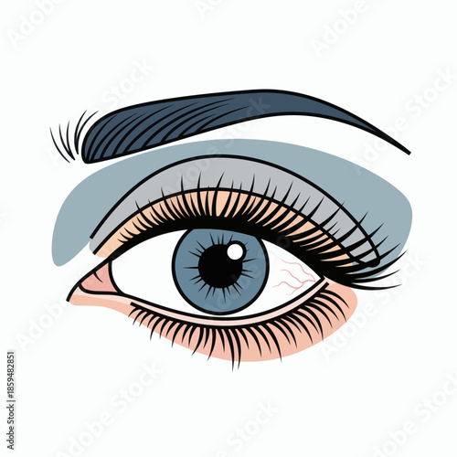 Close-up realistic illustration of a human eye with blue iris and detailed eyelashes, featuring subtle eyeshadow and defined eyebrow, perfect for beauty and ophthalmology themes