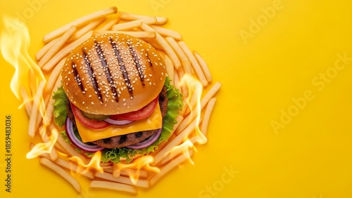 Tasty burger with french fries and fire , copy space, top view yellow background