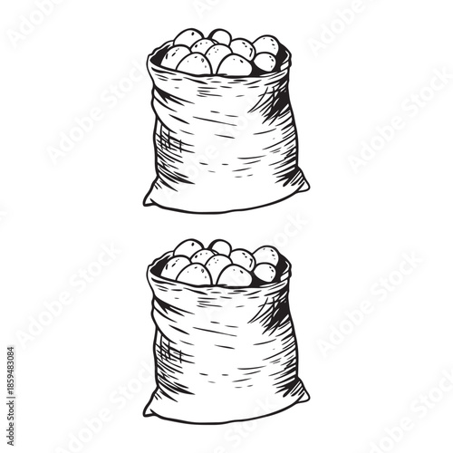 Hand-Drawn Sacks of Freshly Harvested Potatoes