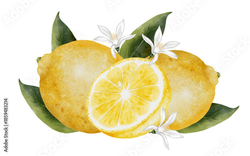 watercolor lemons with flowers and green leaves clip art preview