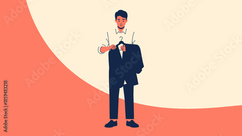 Amused young man in formal attire holding a coat and looking at his watch in a minimalistic