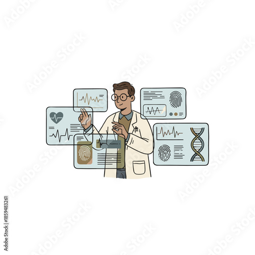 Scientist analyzing biometric data on floating transparent screens  