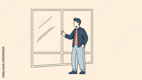 Animated illustration of a man looking out a large window with a contemplative pose inside a