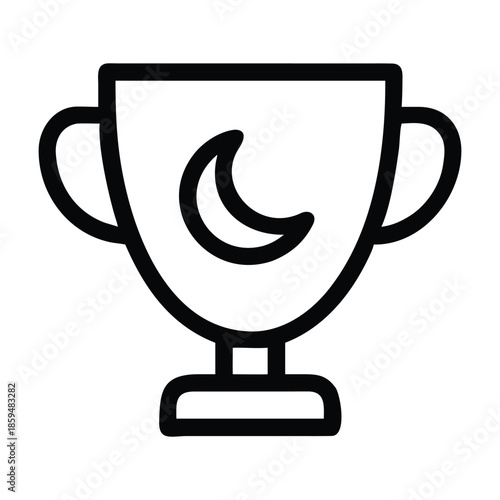 A simple black and white line drawing depicts a trophy with a crescent moon inside