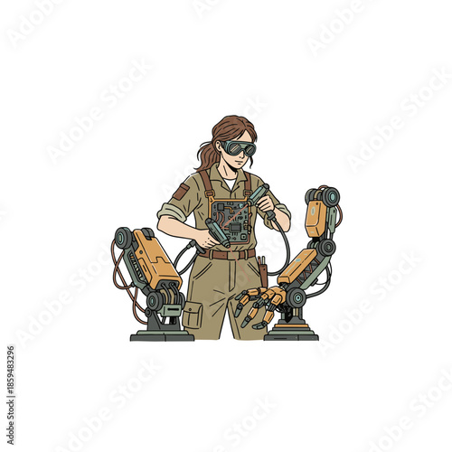 Woman engineer repairing robotic arms with tools in workshop environment  