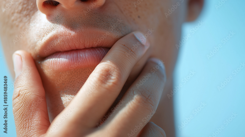 Naklejka premium Close up of fingertips resting on jaw with detailed skin texture and natural light, showing contemplative mood and soft focus on lips and facial features