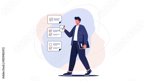 Business professional checking off tasks on digital tablet with checklist and mobile device in