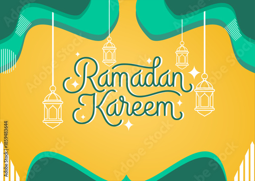 Ramadan Kareem banner with green organic wavy shapes and hanging lanterns