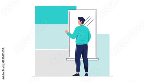 Businessman Looking at a Mirror for Reflection During Morning Routine or Self-Check in Modern