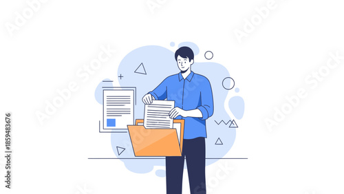 Businessman Organizing Files in an Office Setting with Digital Documents and Cloud Elements