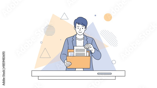 Businessman organizing documents in a folder at desk in modern office setting