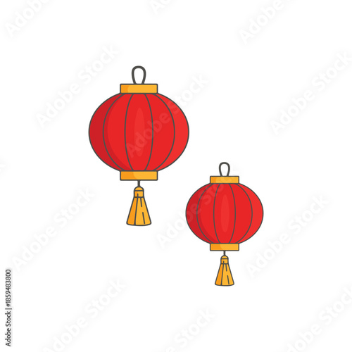 Two red lanterns hanging in the air during a festive celebration at night.