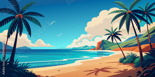 A serene tropical paradise features a coconut palm tree sandy beach and turquoise ocean water under a bright summer sky for a relaxing vacation landscape
