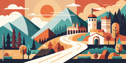 postcard illustration of a fantasy fairy town with an old castle and cartoon houses, for web or any design needs