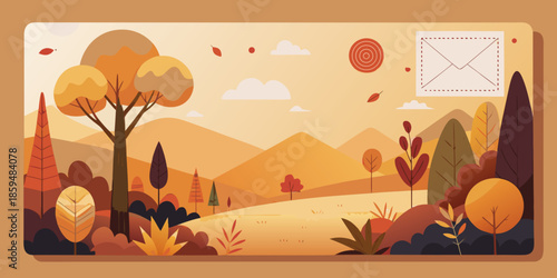 Postcard illustration of a scenic autumn landscape featuring a golden sunset over desert mountains, best for any design needs
