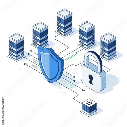 Data Security Network with Shield and Padlock Protecting Servers.