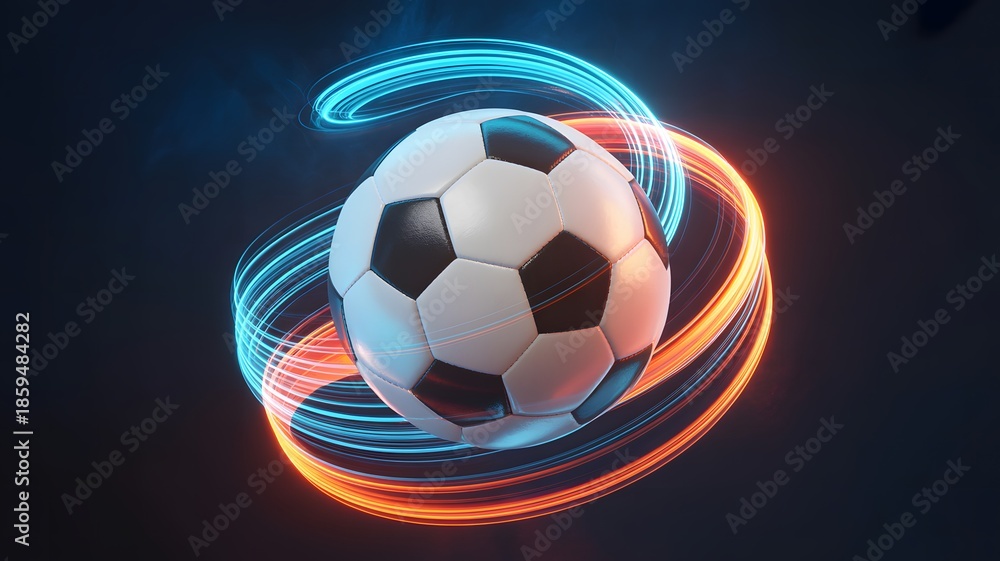 Naklejka premium Energetic soccer ball with glowing blue and orange light trails against a dark background