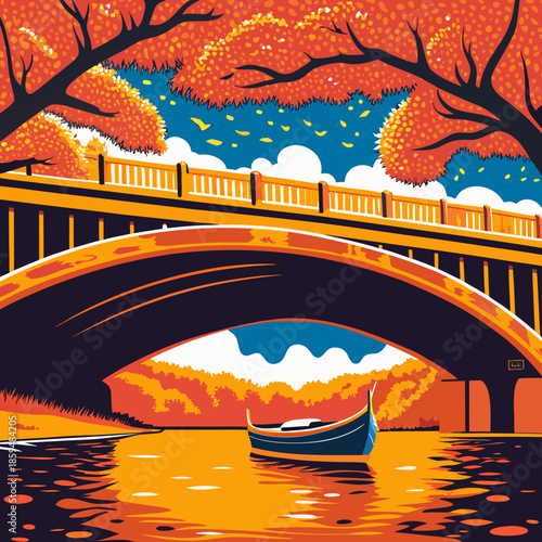 sunset view in the cherry blossom season, along with a boat floating in the river