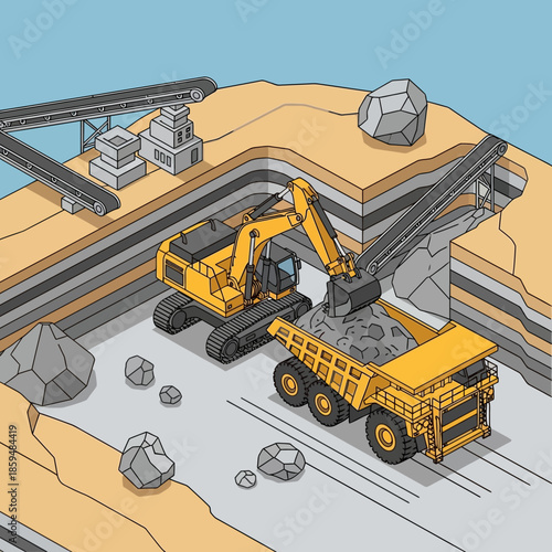 Heavy machinery at work in an open-pit mine.