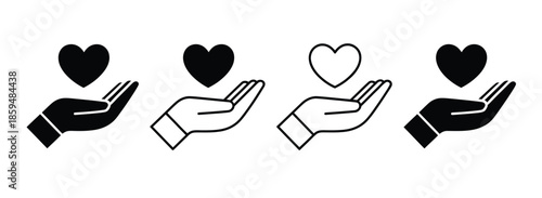 Heart in hand icons set, hands holding heart icon, love icon, health medicine symbol, healthcare hands holding heart, flat and line style, representing care, compassion, medical support and modern 