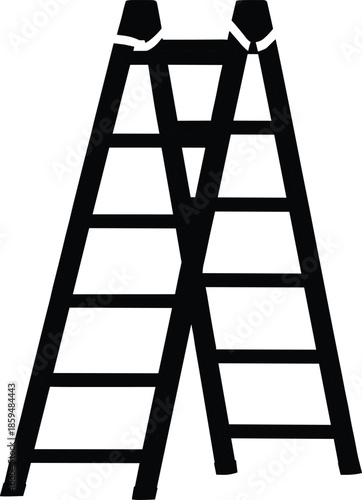 Black silhouette of A-frame step ladder with rungs and hinge top for construction, maintenance, and household elevation tasks.