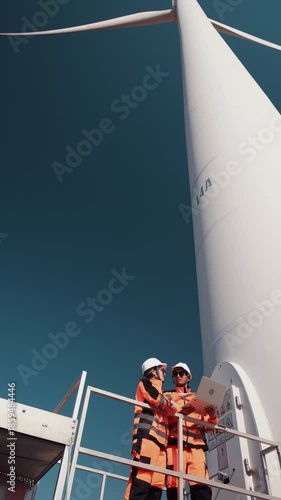 Two engineers consulted with each other while on a wind turbine construction site.